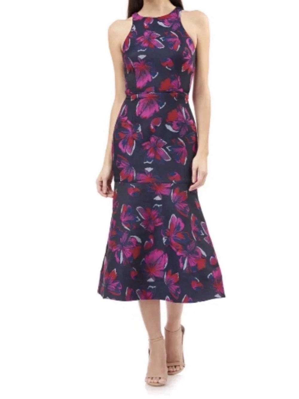 JS Collections Navy & Pink Jacquard Midi Dress Style Number: 866963 size 6 NWT
